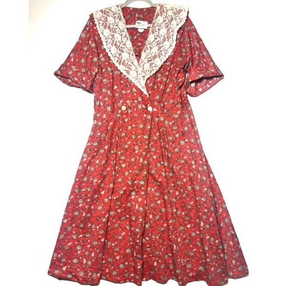 Vintage Tribute Red Floral Lace Collar Midi Dress Short Sleeve Cottagecore M
